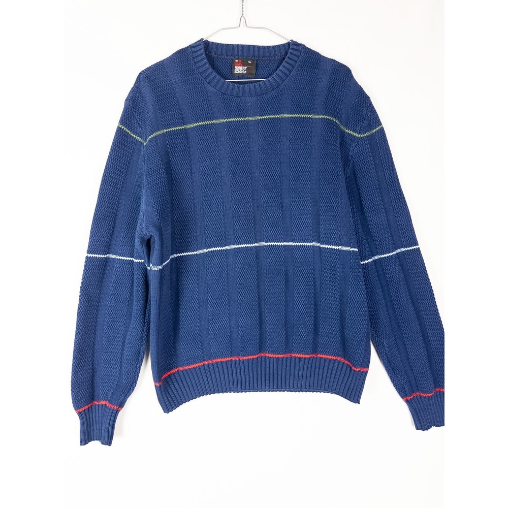 VTG Robert Bruce Sweater Mens M (XL) Blue Knit Chunky Pullover Striped